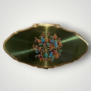 Stratton Lipstick Holder Vintage Green Gold Floral Enamel Mirror England MCM